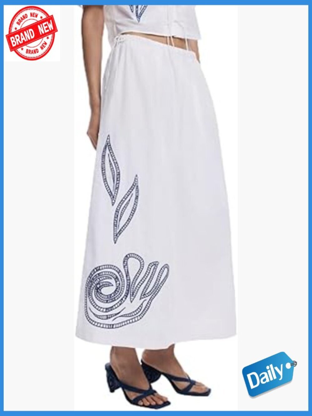 Woven Midi Skirt with Drawstring Closure, 100% Cotton